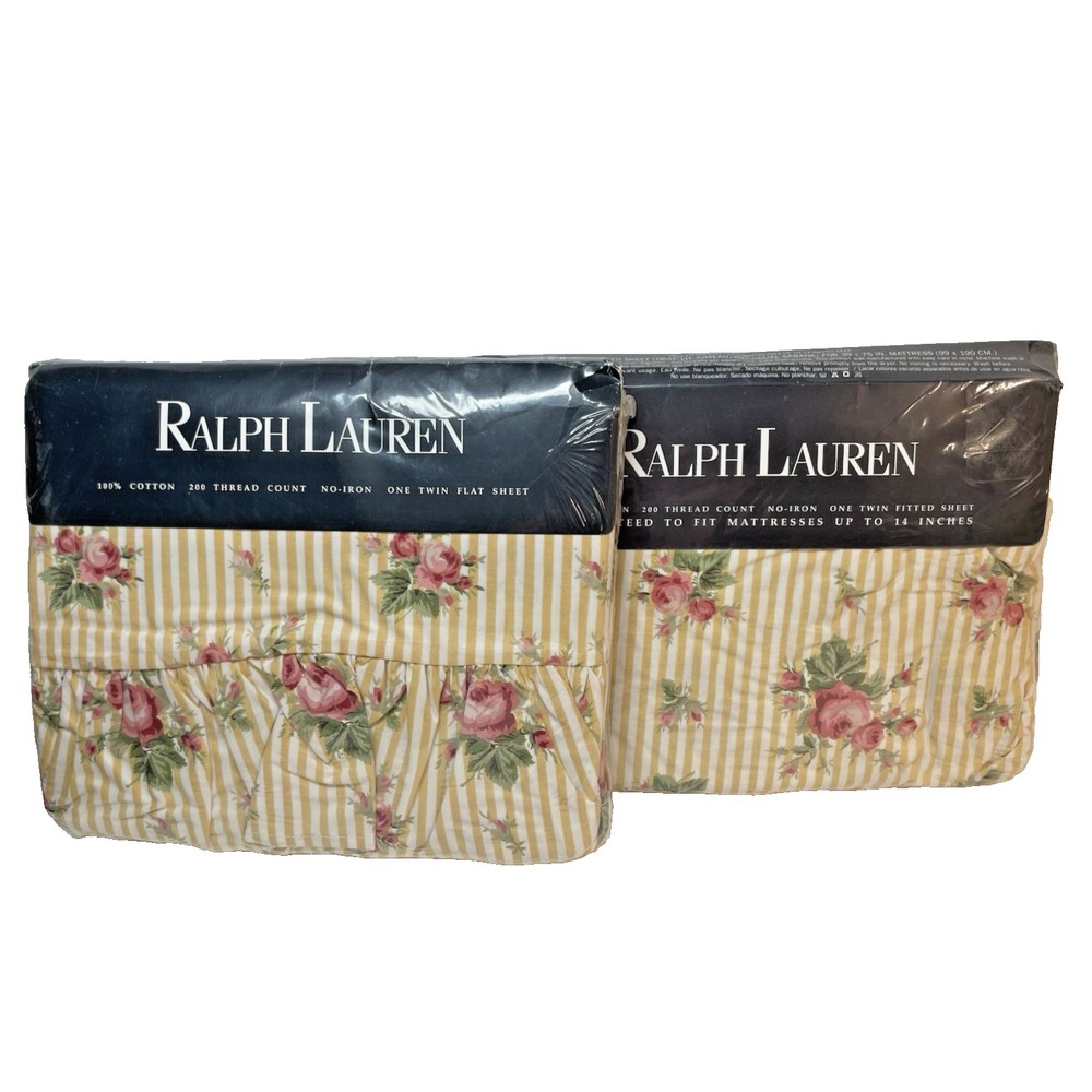 Vtg New NOS Ralph Lauren Sophie Floral Yellow Stripe TWIN Flat & Fitted Sheet